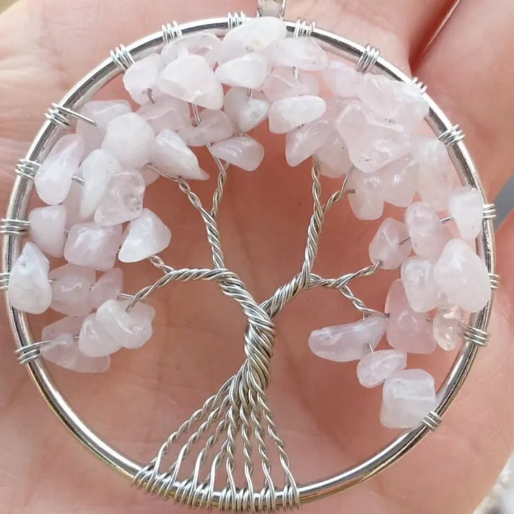 New Tree of life pendant light pink rose quartz silver tree